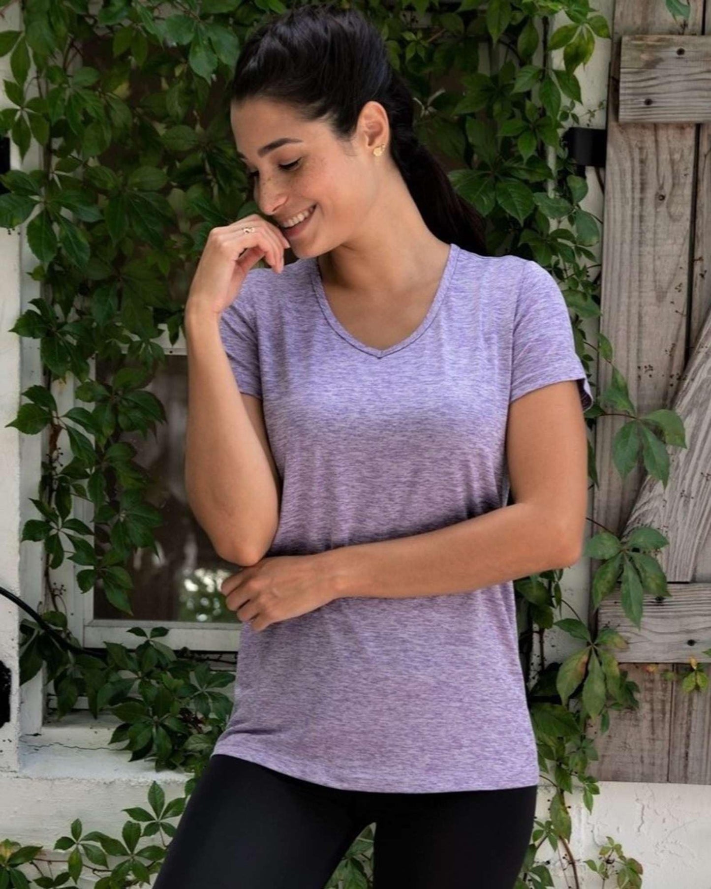 Real Essentials Womens V Neck T-Shirt Ladies Yoga Top Athletic Tees Active Wear Gym Workout Zumba Exercise Running Essentials Quick Dry Fit Dri Fit Moisture Wicking Basic Clothes, Set 1, L, Pack of 5