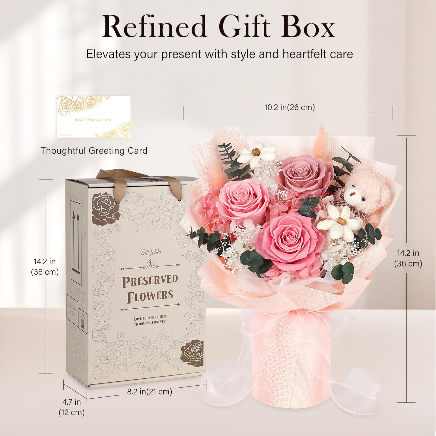 Preserved Flowers Bouquet with Bear, 3 Real Forever Flowers for Delivery, Long-Lasting Pink Eteranl Roses Bouquet, Anniversary Birthday Valentine Gifts for Women Mom Grandma Her Wife Girlfriend