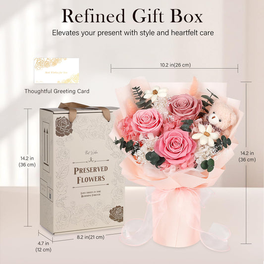 Preserved Flowers Bouquet with Bear, 3 Real Forever Flowers for Delivery, Long-Lasting Pink Eteranl Roses Bouquet, Anniversary Birthday Valentine Gifts for Women Mom Grandma Her Wife Girlfriend