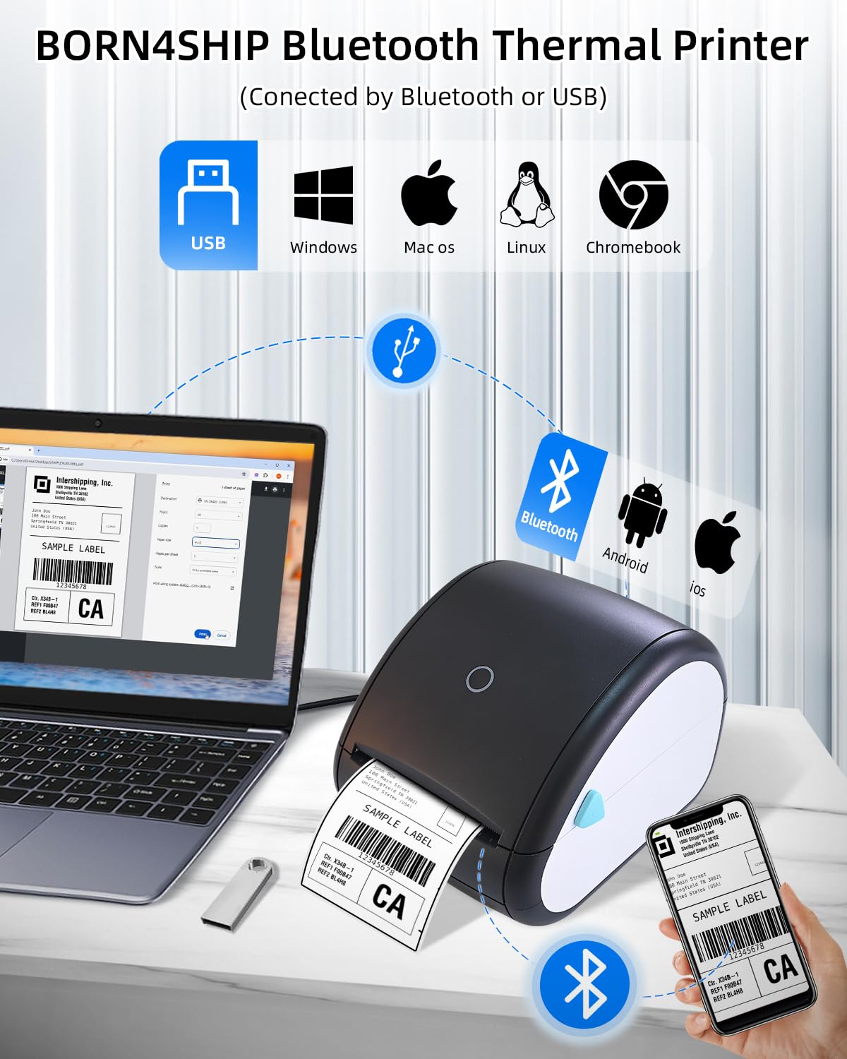 BORN4SHIP Thermal Label Printer 4x6, Bluetooth Shipping Label Printer for Small Businesses, with Built-in Paper Holder, Compatible with Amazon Shopify USPS