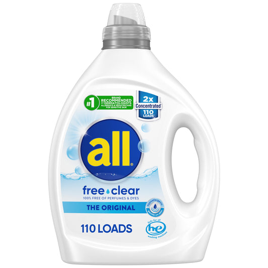 all free clear, Original, Liquid Laundry Detergent for Sensitive Skin, Unscented and Hypoallergenic, Concentrated, 82.5oz, 110 Loads