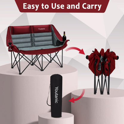 Youtanic Oversized Camping Chair, Double Folding Loveseat Camping Couch with Pocket, Cup Holder and Carry Bag, Heavy Duty Portable Camping Chairs for Adults, Fishing, Sports, Trip, up to 660lbs, Red