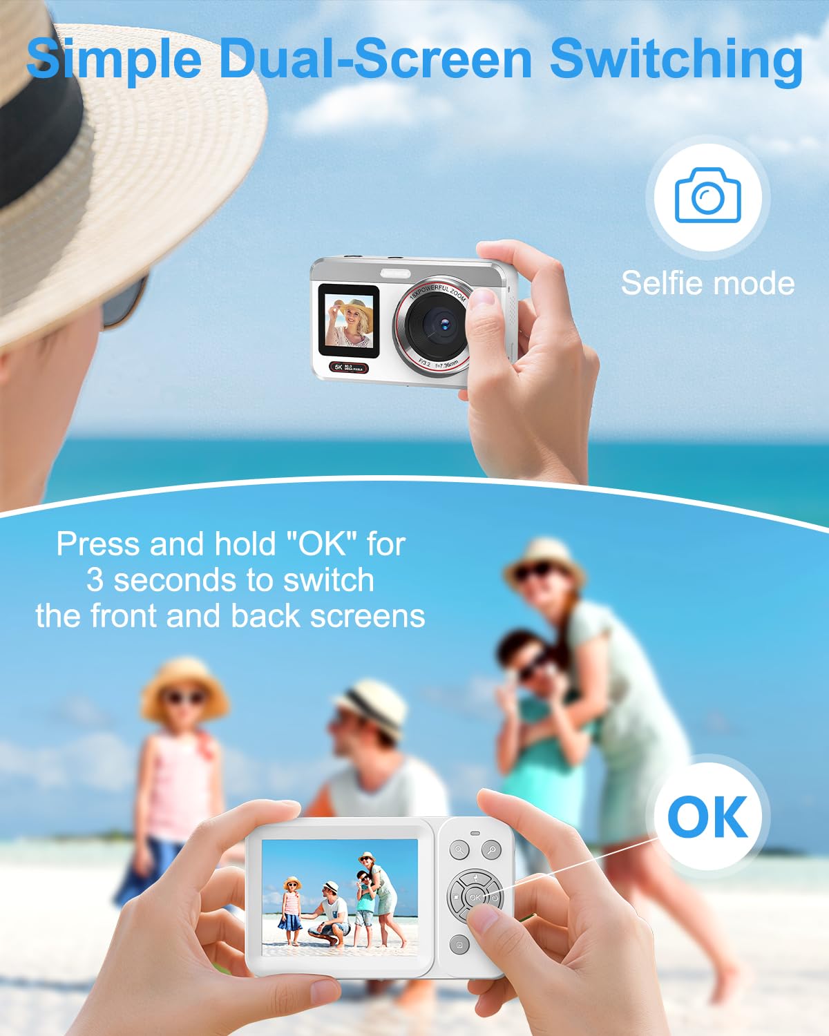 Hoorola 5K Digital Camera, 80MP Dual Screen Autofocus Vlogging Camera, 18X Zoom Point and Shoot Camera for Photography, Flash, 32GB Card, 2 Batteries, Compact Camera for Teens Adults (White)