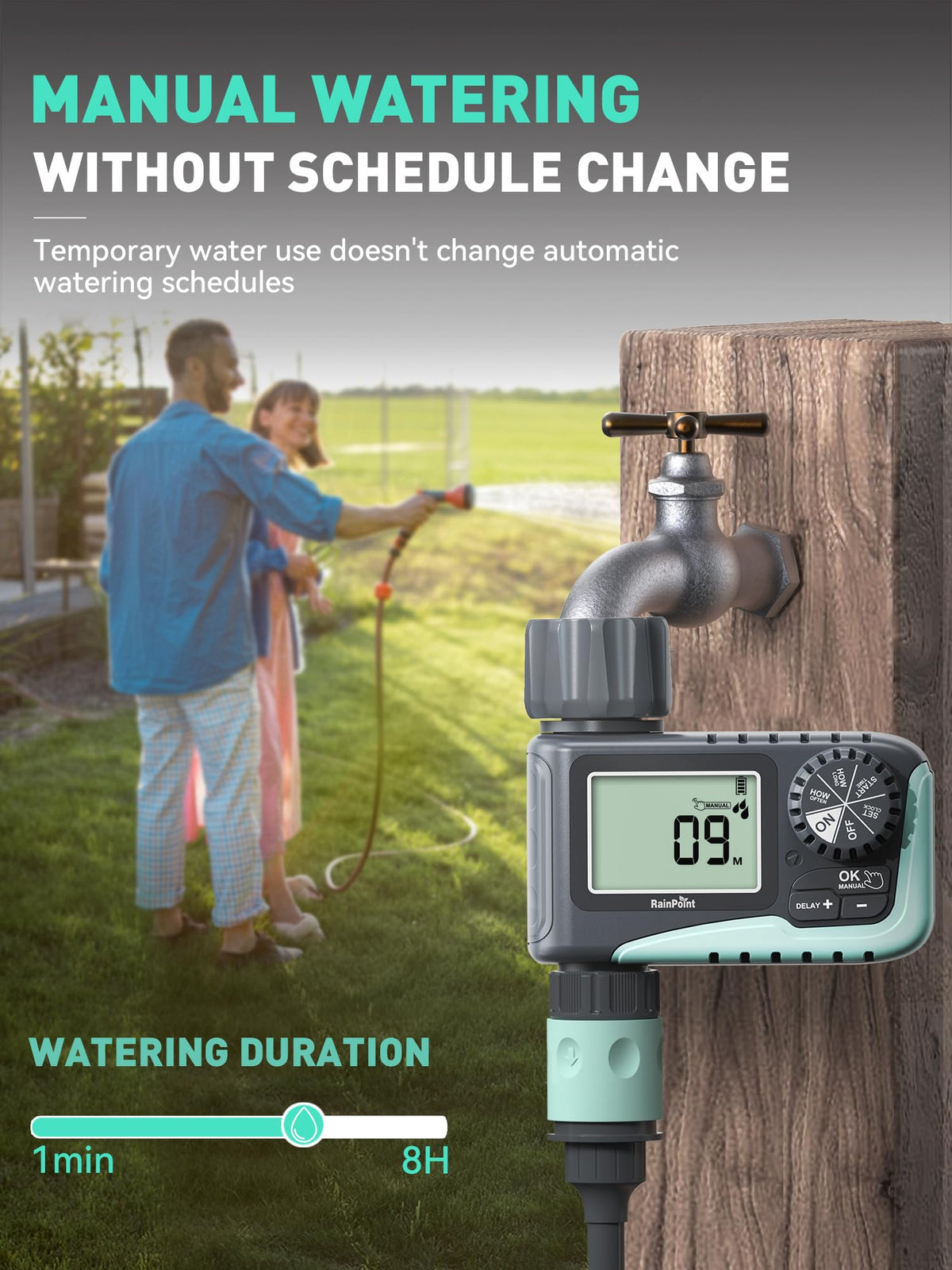 RAINPOINT Sprinkler Timer, Programmable Water Timer for Garden Hose, Outdoor Soaker Hose Timer with Rain Delay/Manual/Automatic Watering System, Digital Irrigation Timer for Yard, Lawn, 1 Outlet
