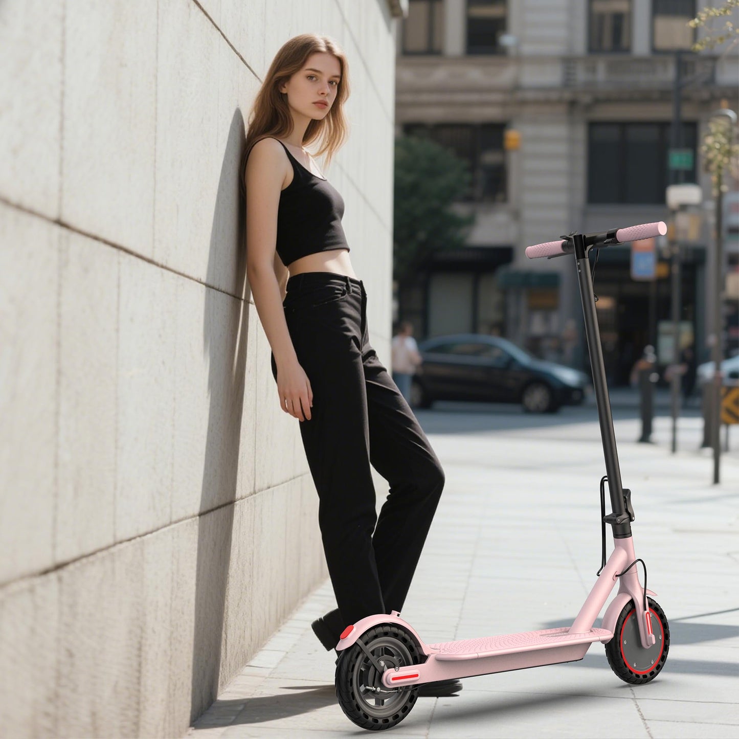 Roinside Electric Scooter - 8.5" Solid Tires, 350W Motor, Up to 19 MPH and 15 Miles Long-Range Commuting Foldable Scooter for Adults with Dual Braking System and Smart App, Pink