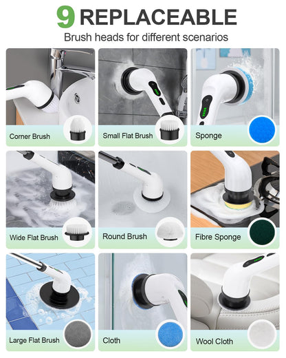 Electric Spin Scrubber, Cordless Cleaning Brush, Shower Scrubber with 8 Brush Heads 2H Power Dual Speed, Adjustable Extension Handle, IPX7 Waterproof for Tub Tile Floor Car, LX XP1