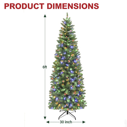 Hykolity 6ft Prelit Pencil Slim Christmas Tree with 200 Color Changing LED Lights, 544 Branch Tips, Metal Stand and Hinged Branches, 10 Color Modes