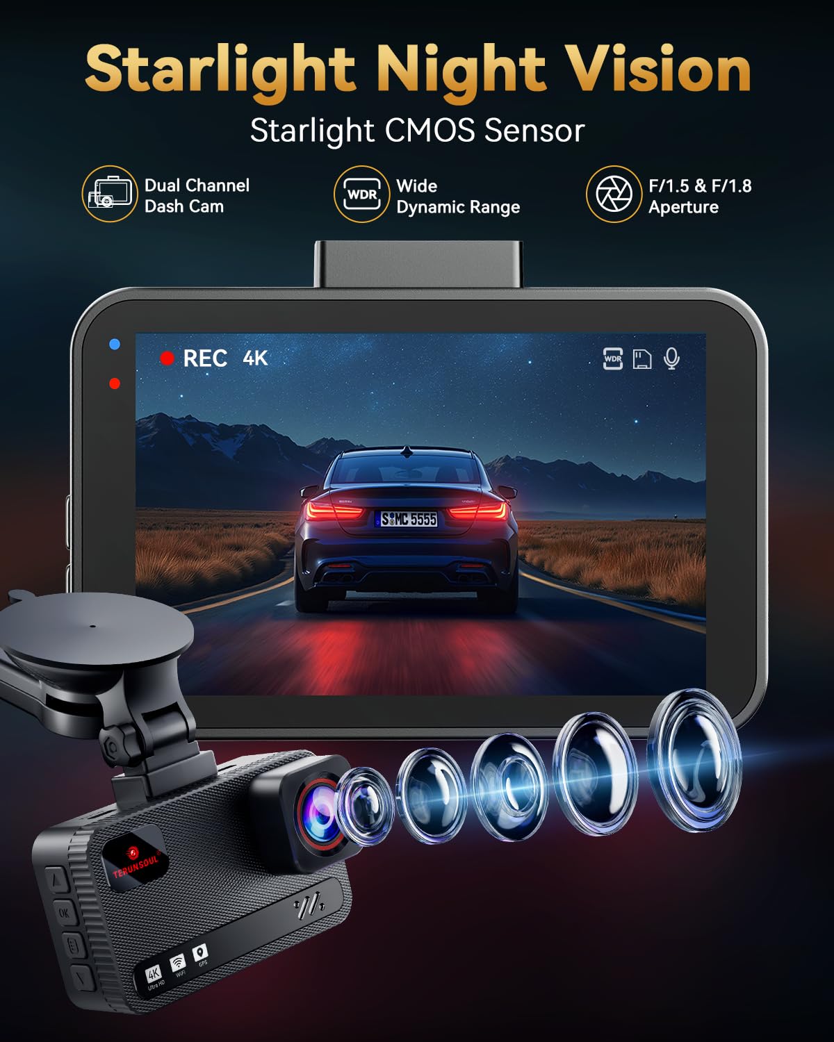 TERUNSOUl 4K+4K Dash Cam Front and Rear, Free 128GB Card Included, 5.8GHz WiFi Dash Camera for Cars, Built-in GPS, G-Sensor, 170°Wide Angle, 3" IPS Screen, 24H Parking Mode, Support 512GB Max