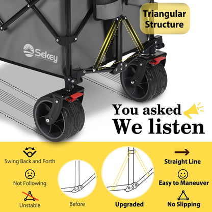 Sekey 48''L Collapsible Foldable Extended Wagon with 440lbs Weight Capacity, Heavy Duty 300L Folding Utility Garden Cart with Big All-Terrain Beach Wheels & Drink Holders. Grey