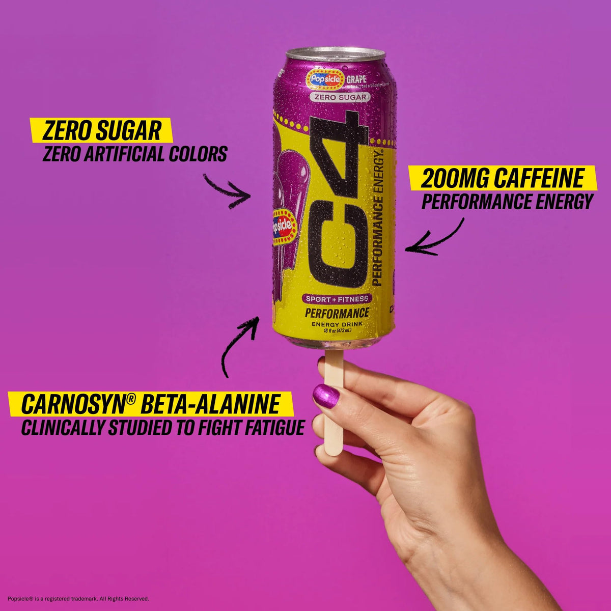C4 Energy Drink x Grape Popsicle, Carbonated Sugar Free Pre Workout Performance Drink with no Artificial Colors or Dyes, 16 Oz, Pack of 12