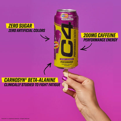 C4 Energy Drink x Grape Popsicle, Carbonated Sugar Free Pre Workout Performance Drink with no Artificial Colors or Dyes, 16 Oz, Pack of 12