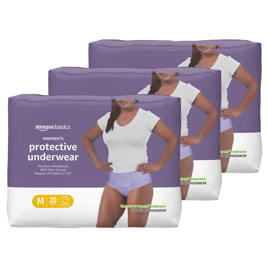 Amazon Basics Incontinence Underwear for Women, Protective, Disposable, Postpartum, Maximum Absorbency, Medium, Lavender, 60 Count (3 Packs of 20)