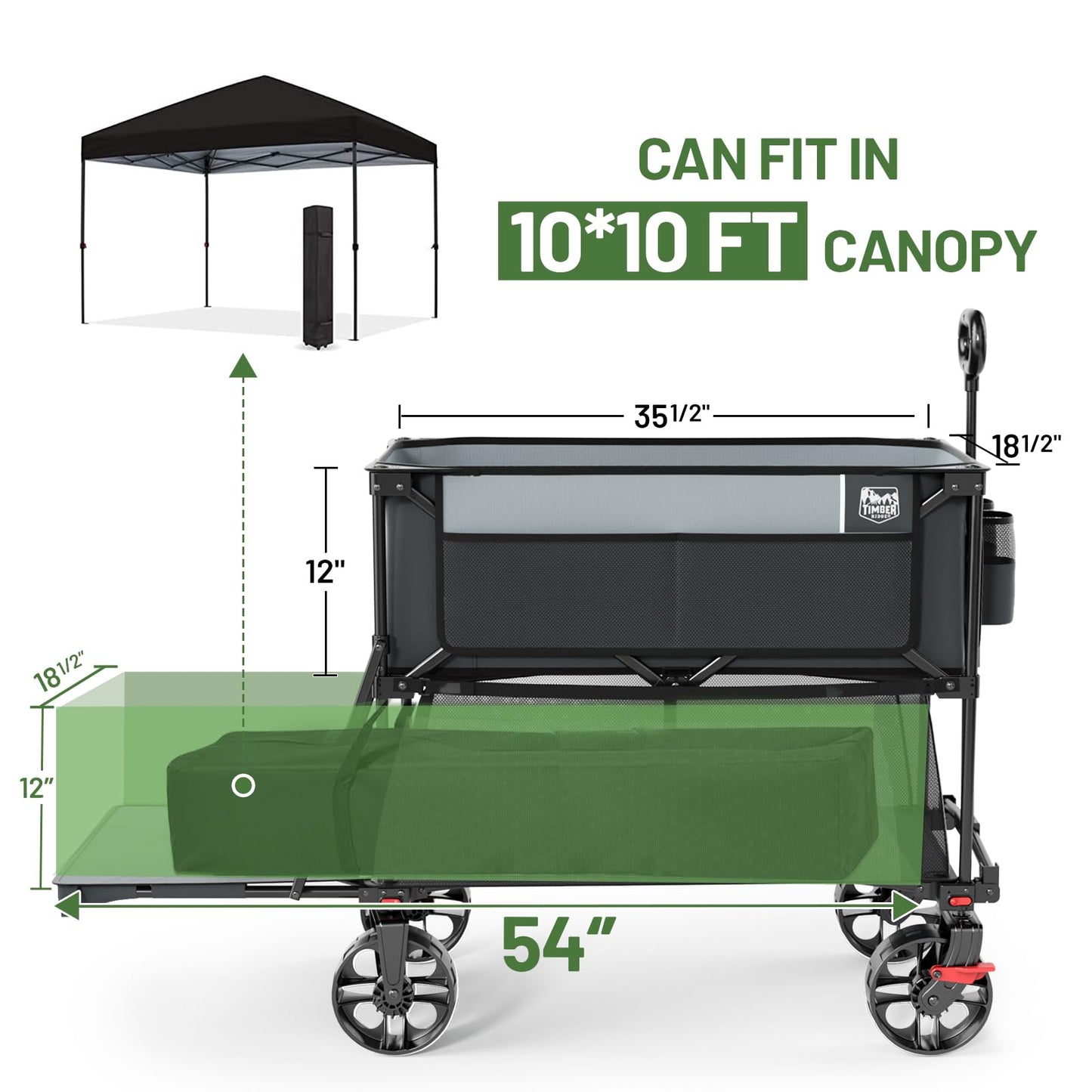 TIMBER RIDGE 400L Large Capacity Folding Double Decker Wagon with Brakes, 54" Extra Long Extender Wagon Cart, 450lbs Heavy Duty Collapsible Cart, All-Terrain Big Wheels for Camping, Sports, Shopping
