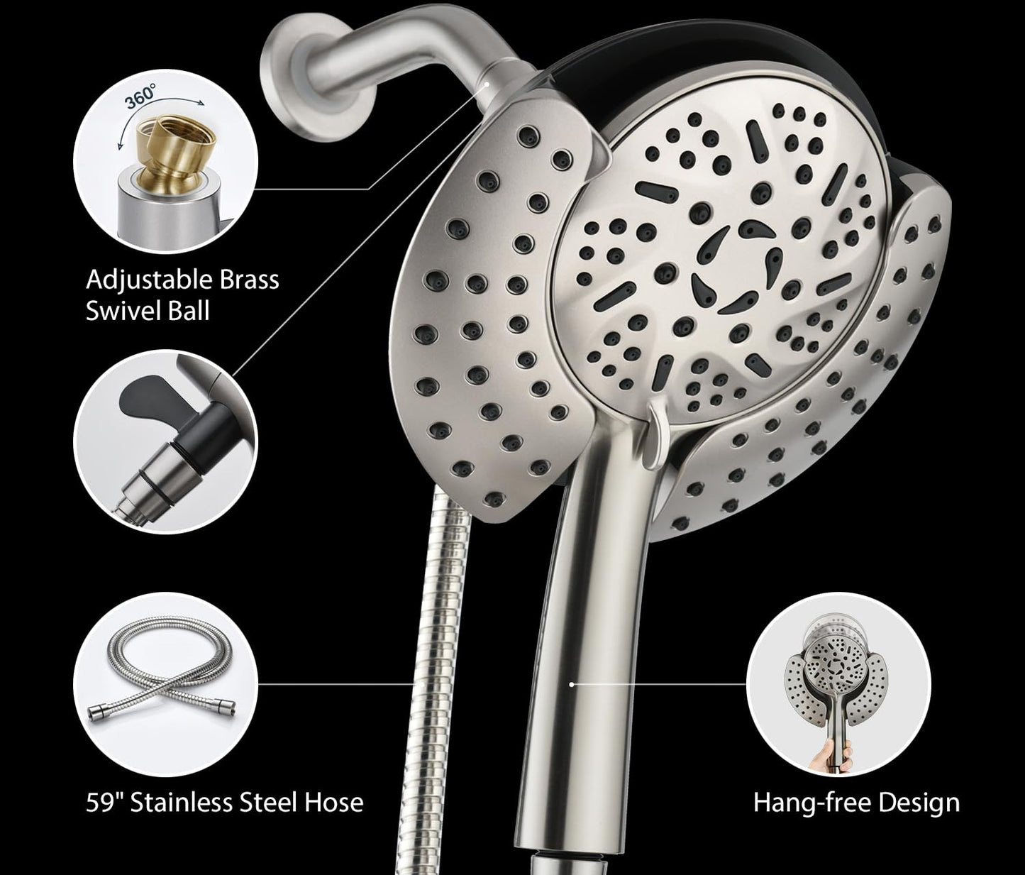 GRICH 2.5GPM Shower Head with Hand: 2 in 1 High Pressure Shower Heads With Handheld Spray Combo & Rain Shower Head, 9 Spray Modes Anti-Leak Waterfall Showerhead, Angle Adjustable, Brushed Nickel