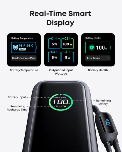 Anker Laptop Power Bank, 25,000mAh Portable Charger with Triple 100W USB-C Ports, Built-in Retractable Cables, Flight-Approved for Travel, iPhone 17/16 Series, MacBook, Samsung, and More