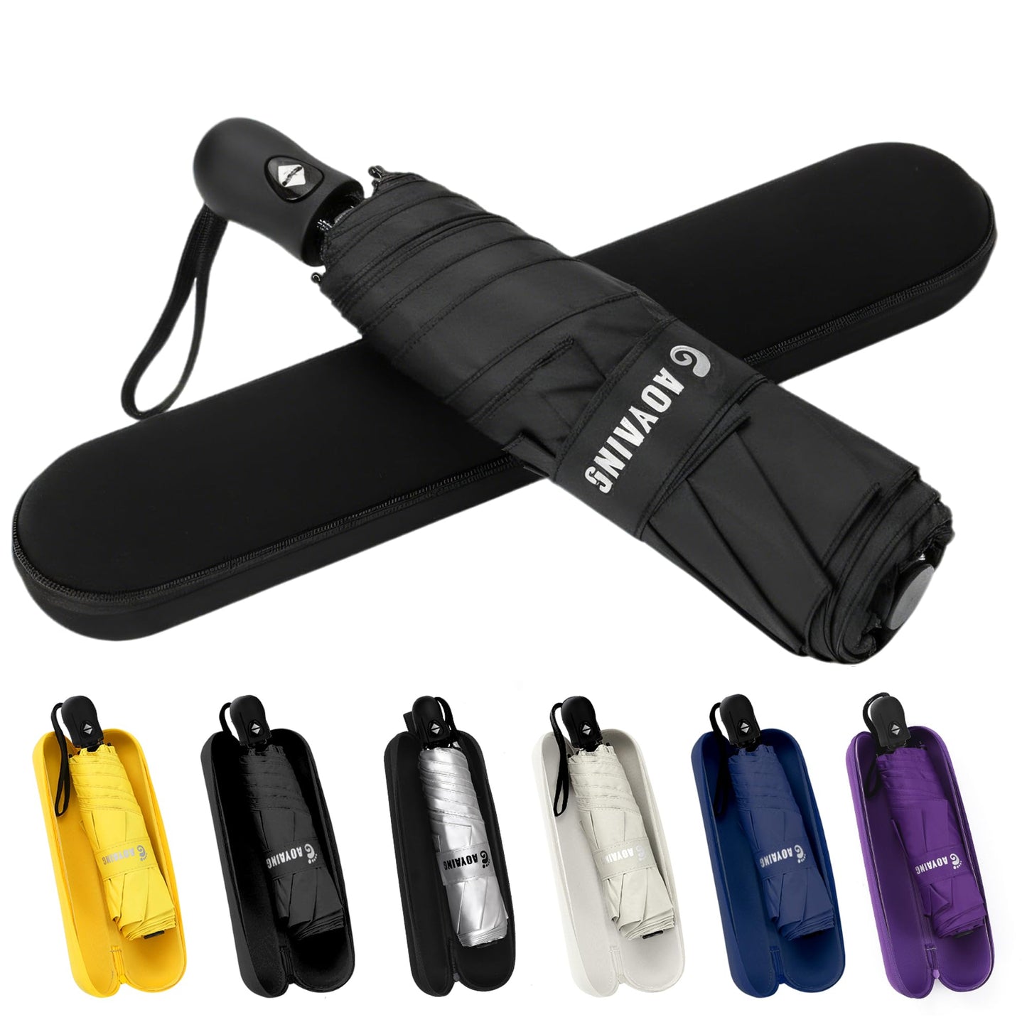 GAOYAING Compact Automatic Travel Umbrella with Case, Mini Small Folding Sun UV, Pocket Purse Umbrella Black