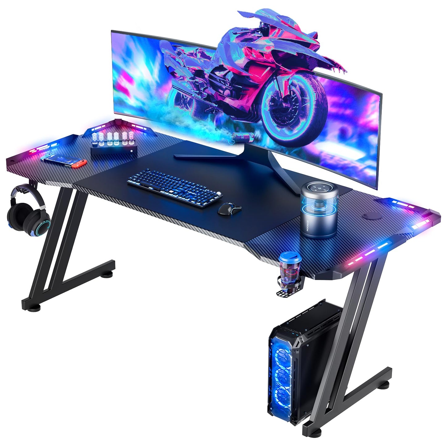 HLDIRECT 63 Inch Gaming Desk with LED Lights Carbon Fibre Surface Gaming Table Large Computer Desk Ergonomic Home Office Desks Z Shaped PC Gamer Workstations with Cup Holder & Headphone Hook Black