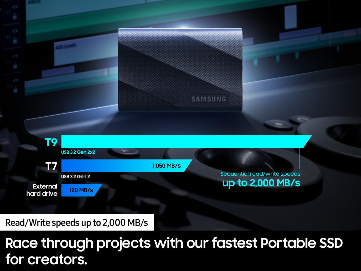 SAMSUNG T9 Portable SSD 1TB, USB 3.2 Gen 2x2 External Solid State Drive, Seq. Read Speeds Up to 2,000MB/s for Gaming, Students and Professionals, MU-PG1T0B/AM, Black
