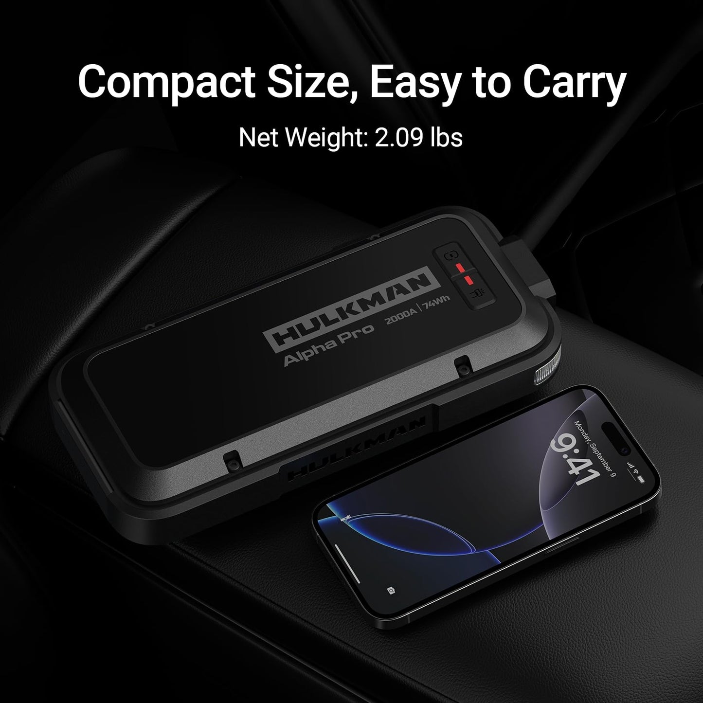 Hulkman Alpha Pro Solid Black, 2000A 74Wh Car Jump Starter Portable, High-Capacity Battery Booster & Jumper Cables, 3.3" Display Jump Box, PD65W in&Out, 12V Battery Pack for 8.5L Gas/6.0L Diesel