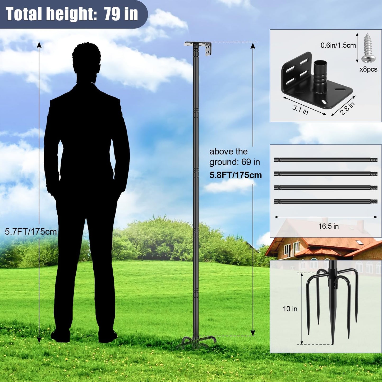Gtongoko Smart Bird Feeder Pole 79 Inch Bluebird House Pole for Outdoors Weather Station Heavy Duty Metal Mounting Kit Adjustable Bird Feeder Stand Black