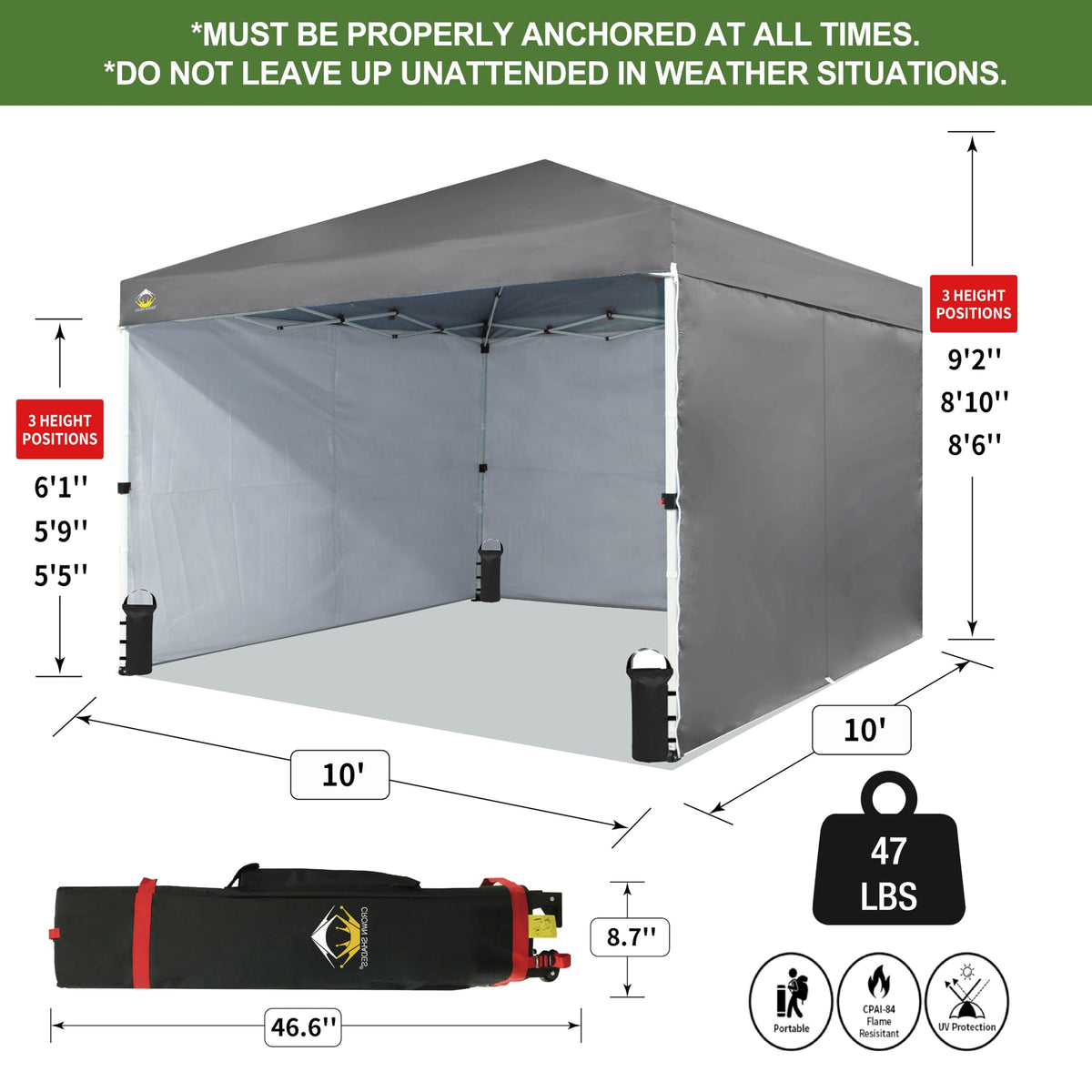CROWN SHADES 10X10 Comercial Instant Canopy Pop Up Tent with Center Lock (10x10 with 4 Sidewalls, Grey)