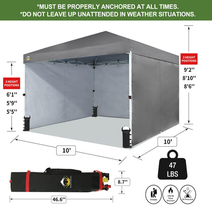 CROWN SHADES 10X10 Comercial Instant Canopy Pop Up Tent with Center Lock (10x10 with 4 Sidewalls, Grey)