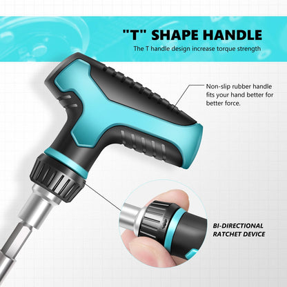 DNA MOTORING T-handle Screwdriver Set With Super Socket Fits Standard 1/4 to 3/4 Inches Screws and Bolts,15pcs CRV Bits, 19 In 1 Tool Set, Blue, Tools-00418