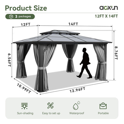 Aoxun 12'x14' Hardtop Gazebo, Aluminum Frame Permanent Pavilion with Curtains and Netting, Outdoor Polycarbonate Double Roof Canopy, Designed for Garden, Lawns, Patio, Gray