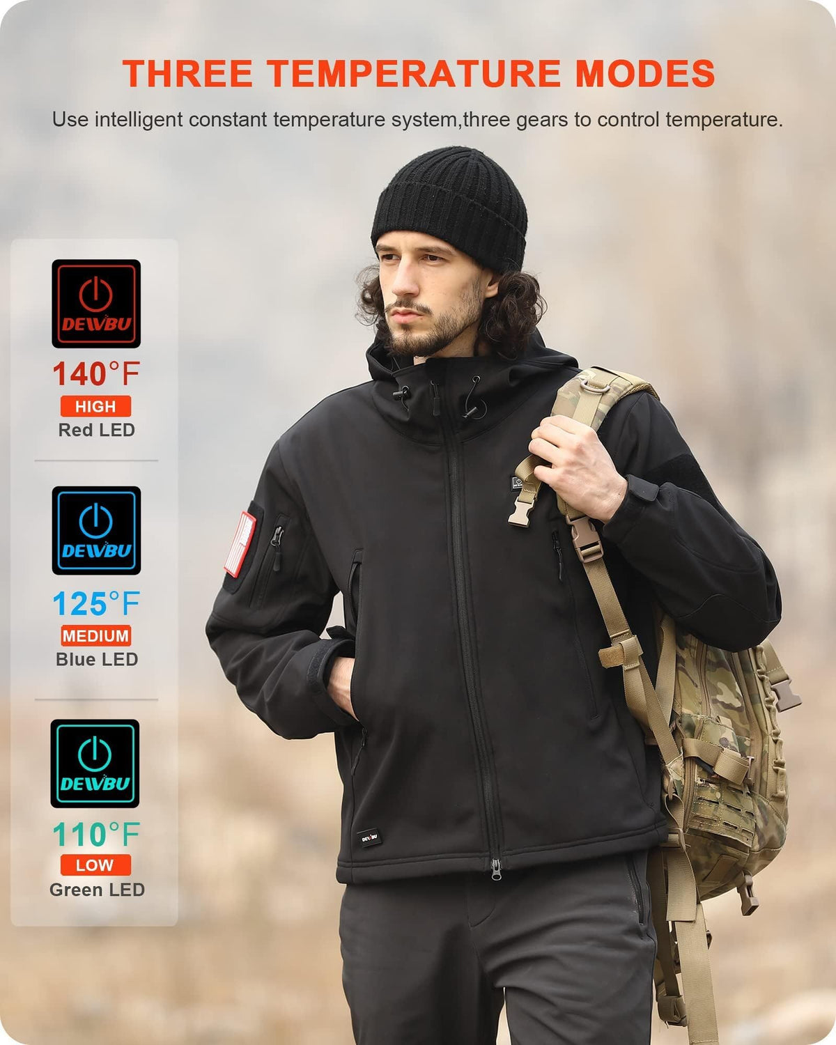 DEWBU Heated Jacket for Men with 12V Battery Pack Winter Outdoor Soft Shell Electric Heating Coat, Men's Black, L