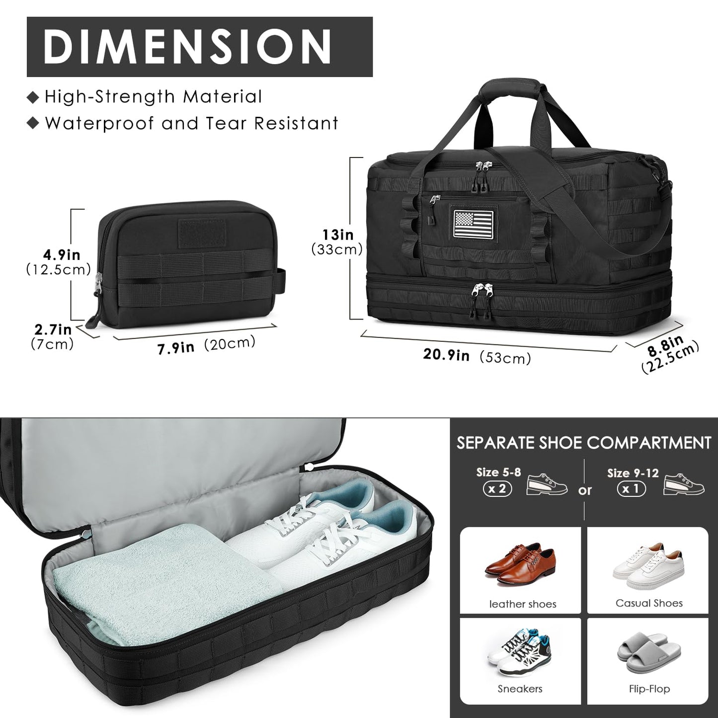 ETRONIK Travel Bag for Men Women, Gym Bag & Tactical Duffle Bags for Travel, Carry on with Toiletry Bag and Shoe Compartment, Weekender Overnight Trip with Wet Pocket for Workout Medical, Black