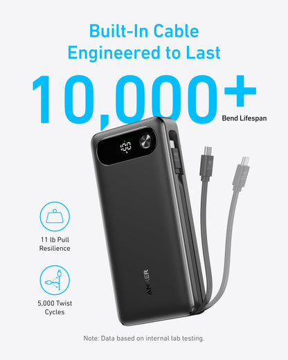 Anker Power Bank, 20,000mAh Travel Essential Portable Charger with Built-in USB-C Cable, 3-Port 87W Max Fast Charging Battery Pack, for MacBook, iPhone 16/15 Series, Samsung, Switch, and More