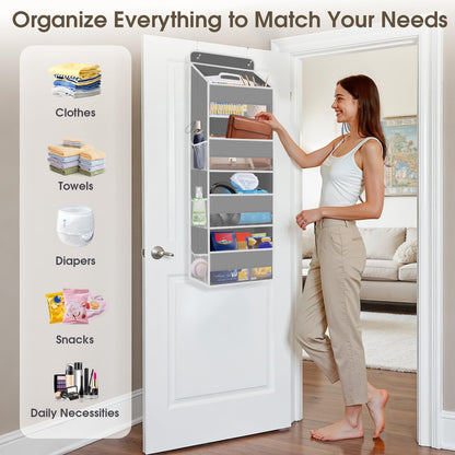 SpaceHacks 1 Pack Over The Door Organizer, Hanging Storage Organizer with Clear Window, 40lb Ultra Sturdy Large Capacity Room Organizer for Pantry Laundry Bathroom Nursery Closet Baby Essential (Grey)