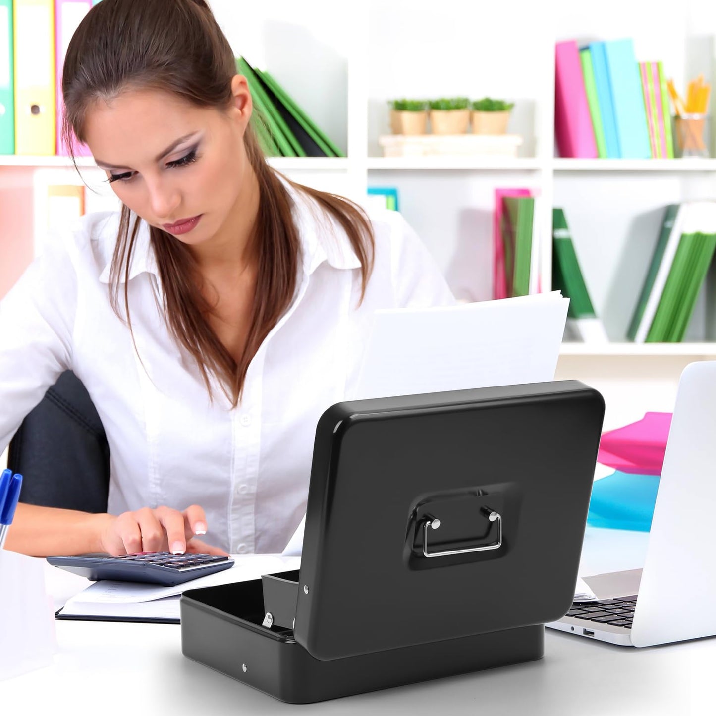 KYODOLED Locking Cash Box with Lock,Money Box with Cash Tray,Lock Safe Box with Key,Money Saving Organizer,11.81Lx 9.45Wx 3.54H Inches,Black XL Large