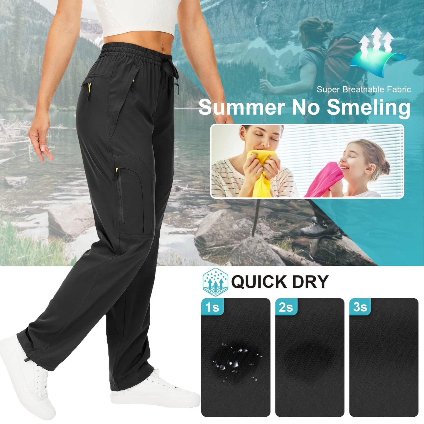 Women's Hiking Pants Quick Dry UPF 50 Travel Golf Safari Running Lightweight Camping Work Cargo Pants Zipper Pockets,6608,Black,M