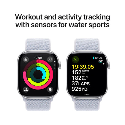 Apple Watch Series 10 [GPS 46mm case] Smartwatch with Silver Aluminium Case with Blue Cloud Sport Loop. Fitness Tracker, ECG App, Always-On Retina Display, Carbon Neutral