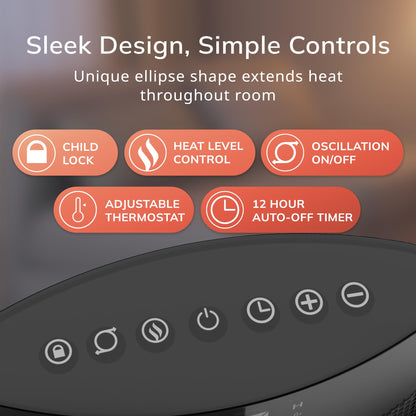 Lasko Ellipse Ceramic Tower Heater for Home with Tipover Switch, Child Lock, Digital Display, Thermostat, Wide Oscillation, Remote, Timer, For Bedroom, Office, Living Room, Den, 1500W, Black, CT18950
