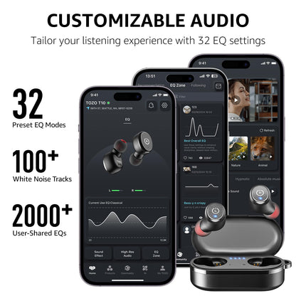 TOZO T10 Wireless Earbuds Bluetooth 5.3 Headphones, App Customize EQ, Ergonomic Design, 55H Playtime, Wireless Charging Case, IPX8 Waterproof Sound in-Ear Headset, New Version