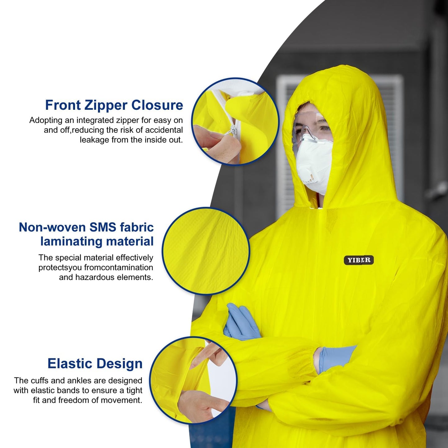 YIBER Hazmat Suit Disposable Coverall | Heavy Duty Full Body Paint Coverall & Suit in 7 Sizes - Large, Yellow, 1