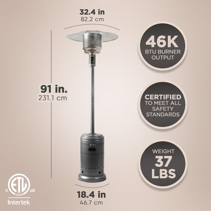Amazon Basics 46,000 BTU Outdoor Propane Patio Heater with Wheels, Commercial & Residential, 13489.74 watts, Slate Gray, with water tank, 32.1 x 32.1 x 91.3 inches (LxWxH)