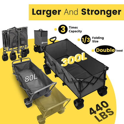 Sekey 48''L Collapsible Foldable Extended Wagon with 440lbs Weight Capacity, Heavy Duty 300L Folding Utility Garden Cart with Big All-Terrain Beach Wheels & Drink Holders. Grey