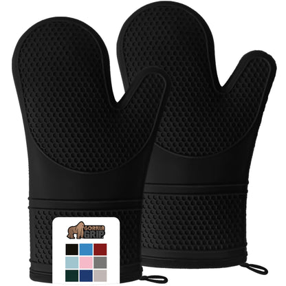 GORILLA GRIP Heat Resistant Durable Silicone Oven Mitts, BPA-Free Protective Grilling Potholders, Soft Cotton Lining, Flexible Waterproof Cooking Mitt Set, Kitchen Home Essentials, 12.5x8.3, Black