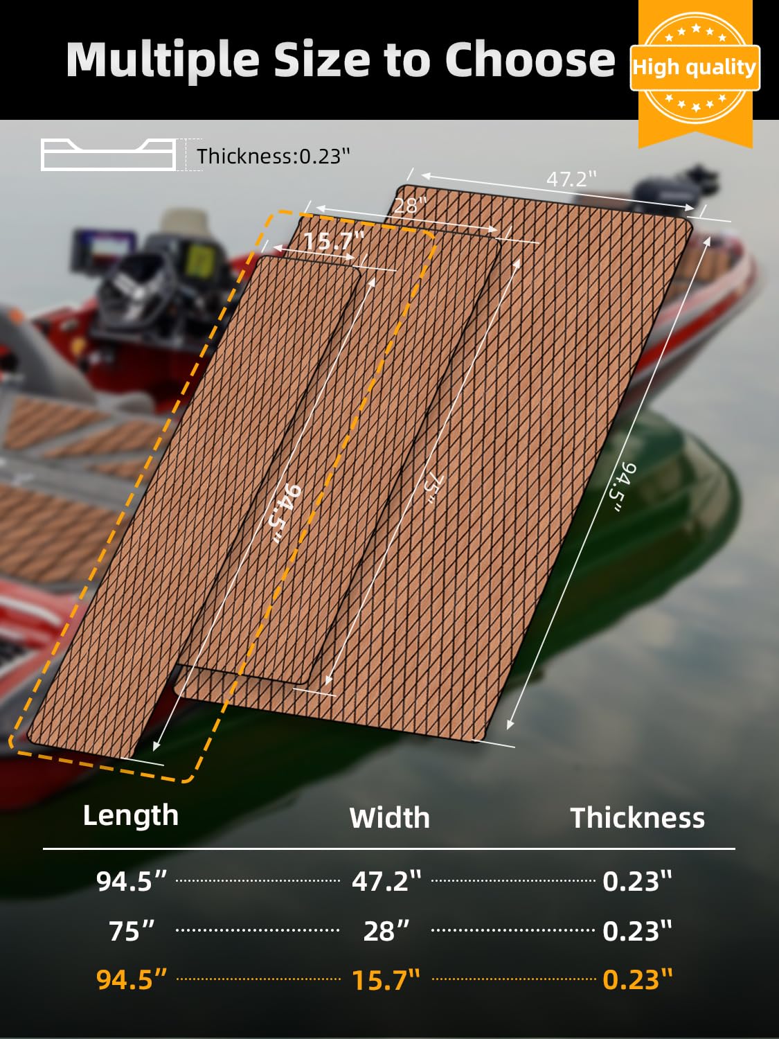 FOCEAN Boat Flooring EVA Foam Boat Decking Marine Mat Non-Slip Self-Adhesive Flooring Sheet for Motorboat Kayak Surfboard Garden Swimming Pools, 94.5''x 15.7'', Brown with Black Lines