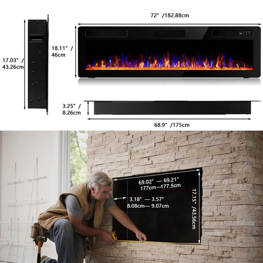 Vitesse 72 Inch Ultra Thin Electric Fireplace-Narrow Bezel Linear Fireplace Heater Recessed Wall Mounted, Remote and Screen Control, 8H Sleep Timer, Low Noise, 750/1500W for Living Room, Bedroom