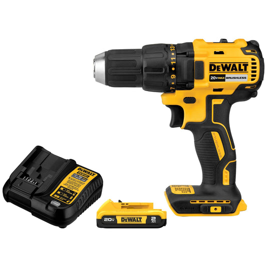DEWALT 20V MAX Cordless Drill Driver Set, Electric Drill, Brushless 1/2 In 2 Speed, 2.0 Ah Battery, Charger and Bag Included, LED Light (DCD777D1)