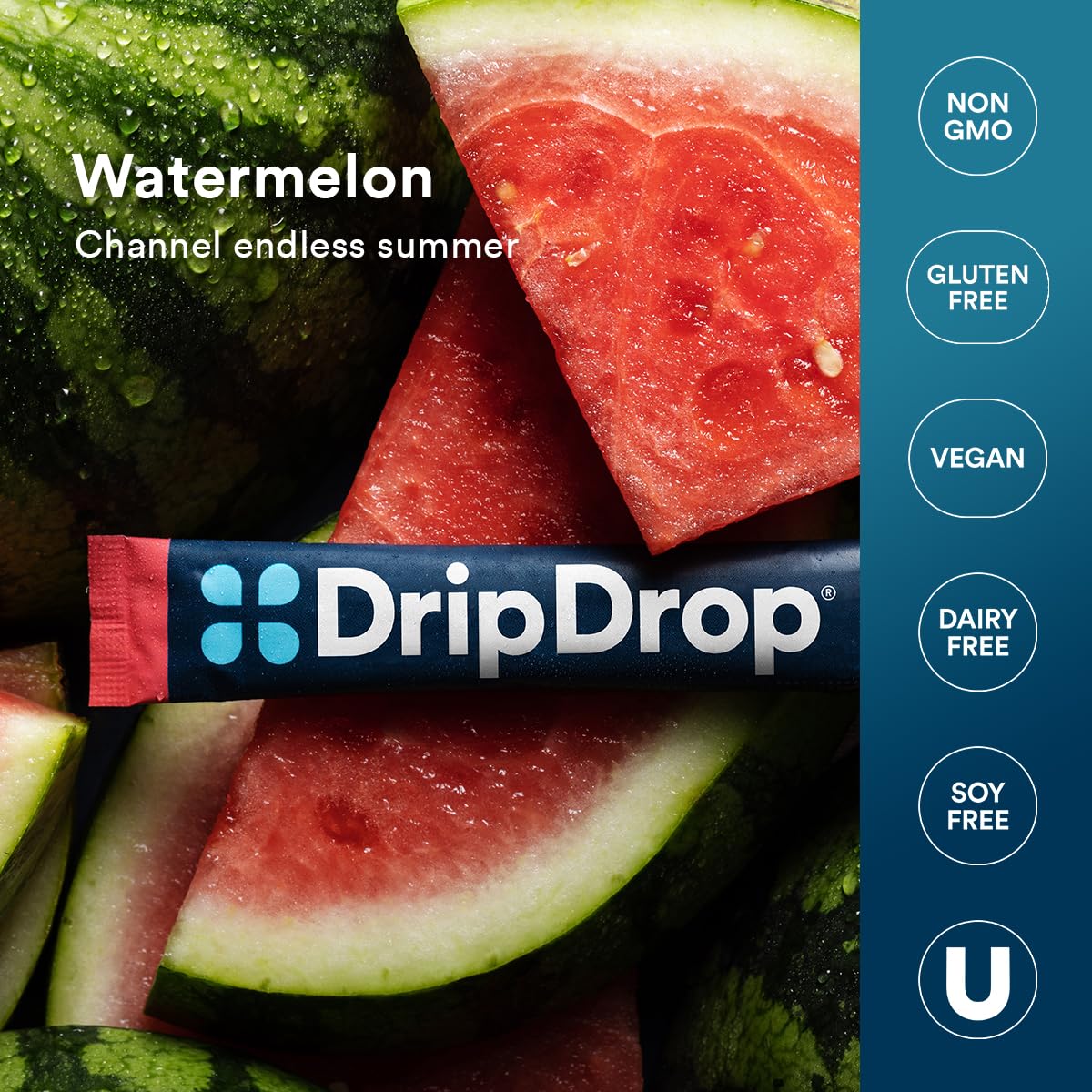 DripDrop Hydration Packets - Watermelon - Single Serve Electrolytes Powder Drink Mix - Non-GMO, Gluten Free, Vegan - 32 Sticks