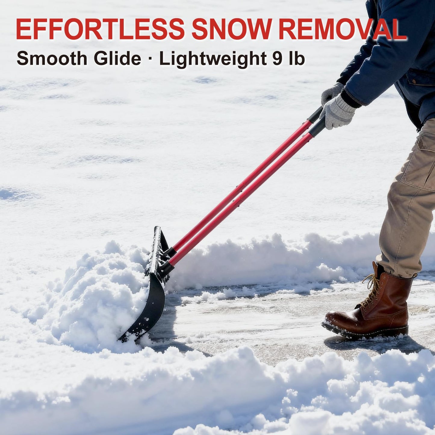 30” Snow Shovel, Heavy-Duty Snow Pusher & Snow Plow, Ergonomic Handle, Lightweight Wide Blade for Fast Snow Removal, Back Saver Winter Tool for Driveway, Sidewalk, Patio, Deck