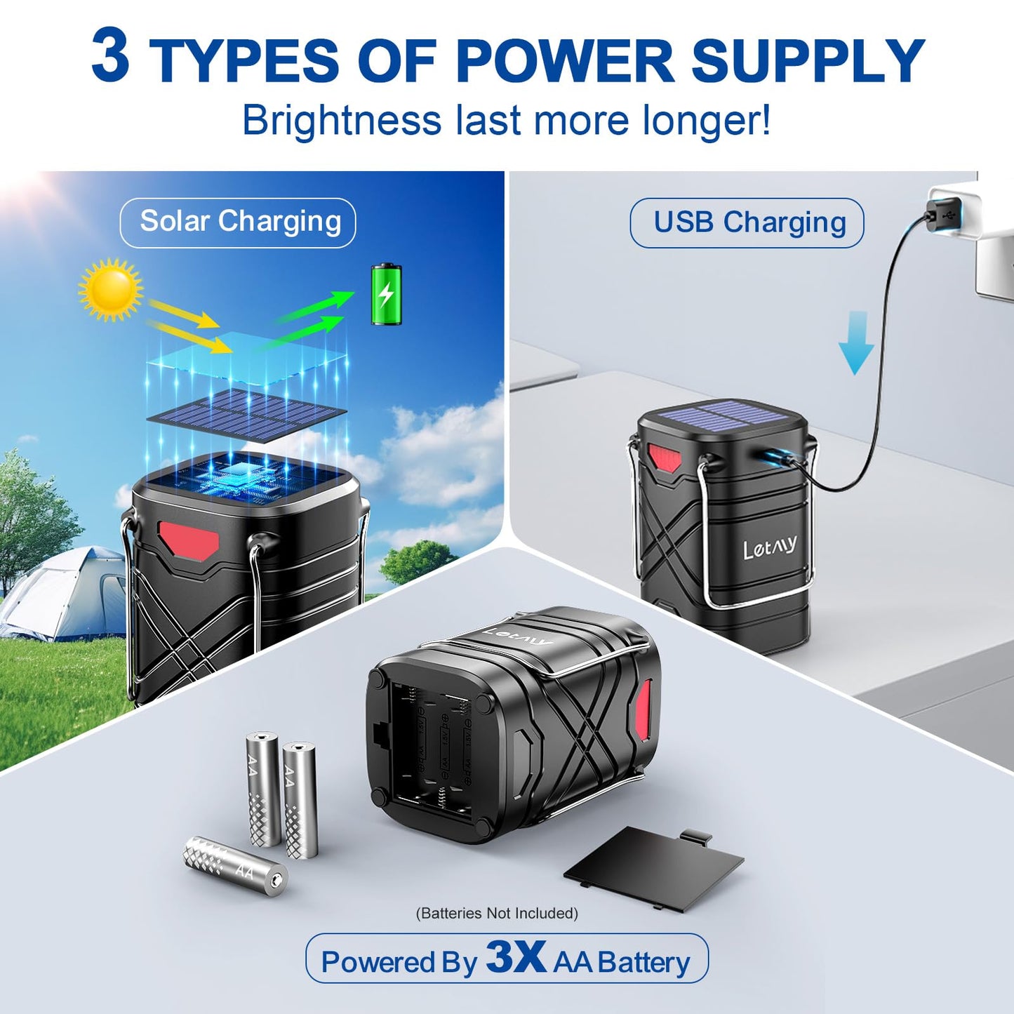 LETMY 4 Pack Camping Lantern, Rechargeable LED Lanterns, Solar Lantern Battery Powered Hurricane Lanterns Flashlight with 3 Powered Ways & USB Cable for Emergency, Power Outage, Hurricane Supplies