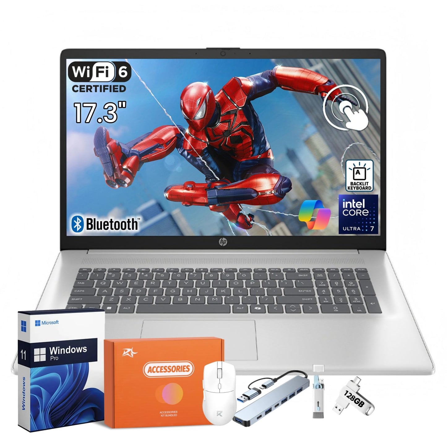 HP 17.3 Touchscreen Laptop Computer, Intel 12-Core Ultra 7 255U, Windows 11 Pro, Wi-Fi 6, Bluetooth 5.4, Intel Built-in AI(12 Tops), HD Camera, Backlit KB, 64GB DDR5, 2TB SSD, Copilot, Accessories