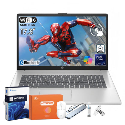 HP 17.3 Touchscreen Laptop Computer, Intel 12-Core Ultra 7 255U, Windows 11 Pro, Wi-Fi 6, Bluetooth 5.4, Intel Built-in AI(12 Tops), HD Camera, Backlit KB, 64GB DDR5, 2TB SSD, Copilot, Accessories