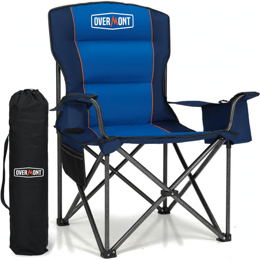 Overmont Oversized Folding Camping Chair - 450lbs Support with Padded Cushion Cooler Pockets - Heavy Duty Collapsible Chairs for Sports Garden Beach Fishing Blue